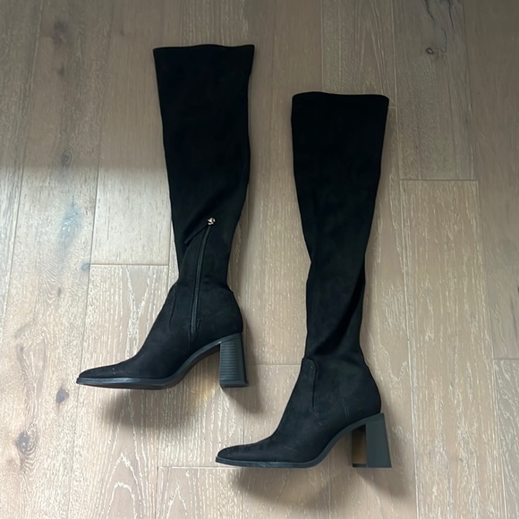 Zara Over The Knee Black Fabric Boots Block Heel with Gold Heel Accents Size 36 - Picture 2 of 10